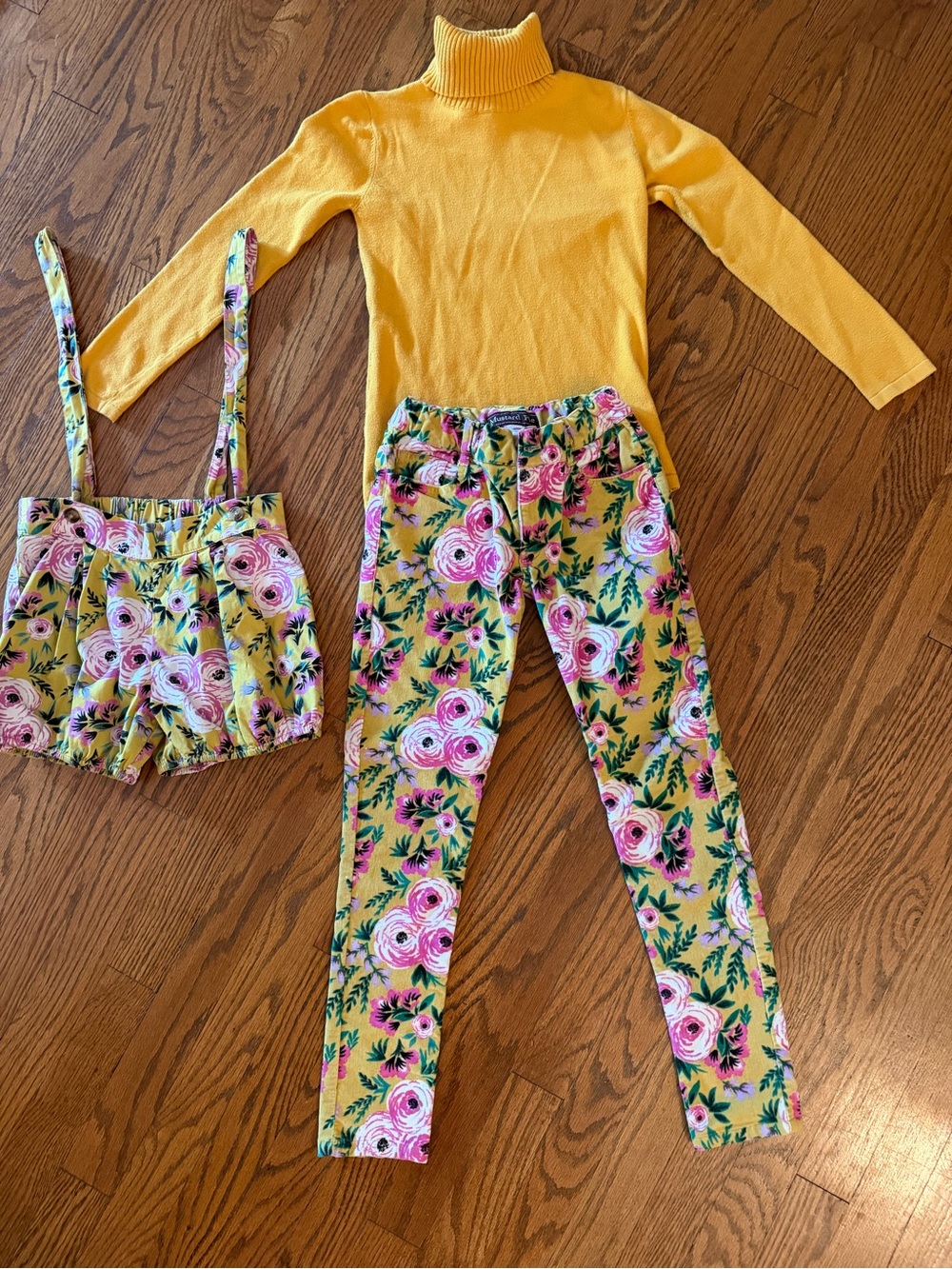 Mustard Pie Yellow Floral Leggings and Matching Suspender Shorts